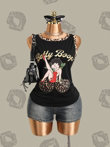 Betty Boop x SHEIN Plus Size Women's Letter Cartoon Print Casual Streetwear 90s Daily Top Party Club Black - Black - View 3