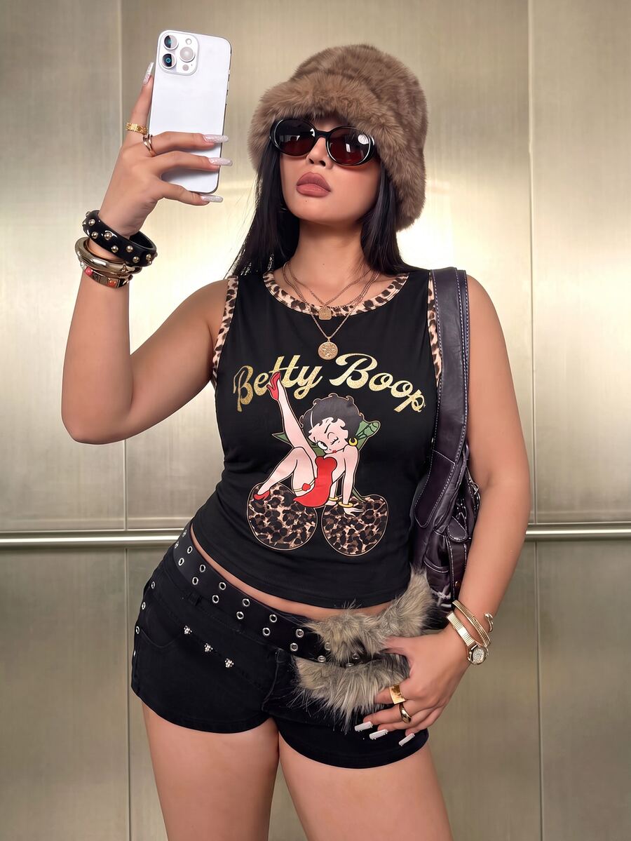 Betty Boop x SHEIN Plus Size Women's Letter Cartoon Print Casual Streetwear 90s Daily Top Party Club Black - Black - View 1