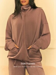 GLOWMODE SoftCalm Modal Chill Days Oversized Silky Smooth Breathable Wide Collar Drawstring Hem Zip-Up Jacket Daily Casual Wear Spring Summer - Mocha Brown - View 4