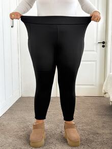 SHEIN CURVE+ 大尺碼女款側口袋彈性修身緊身褲，加厚冬季款 - 黑色 - 查看 3