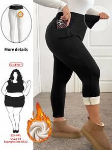 SHEIN CURVE+ 大尺碼女款側口袋彈性修身緊身褲，加厚冬季款 - 黑色 - 查看 1
