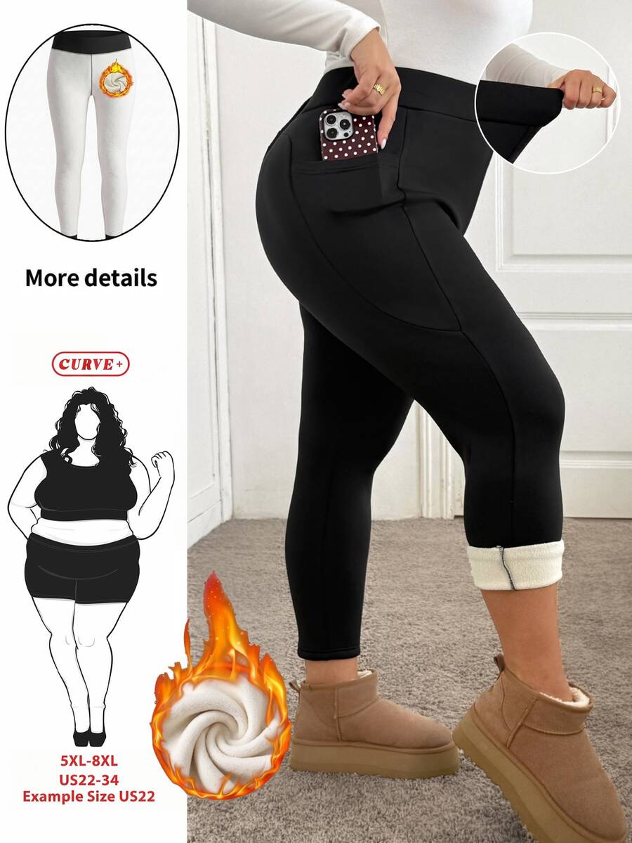 SHEIN CURVE+ 大尺碼女款側口袋彈性修身緊身褲,加厚冬季款 - 黑色 - 查看 1