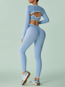 SHEIN Sovereign Charm Seamless Waist-Cinched Colorblock Jacket 3 Pieces Sports Set - Baby Blue - View 2
