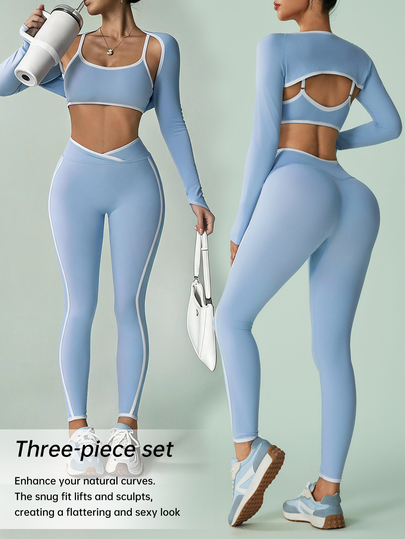 SHEIN Sovereign Charm Seamless Waist-Cinched Colorblock Jacket 3 Pieces Sports Set