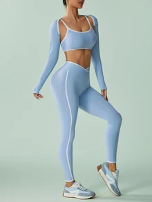 SHEIN Sovereign Charm Seamless Waist-Cinched Colorblock Jacket 3 Pieces Sports Set - Baby Blue - View 8