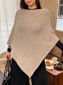 Vionelle Plus Size Women's Fashion Casual Elegant Minimalist Grey Button Decor Poncho Sweater Pullover Daily Versatile Work Office Life Commute Fall Top - Khaki - View 6
