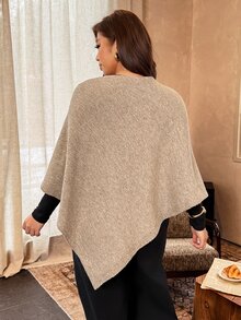 Vionelle Plus Size Women's Fashion Casual Elegant Minimalist Grey Button Decor Poncho Sweater Pullover Daily Versatile Work Office Life Commute Fall Top - Khaki - View 2