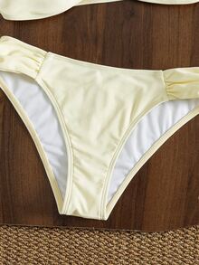 Swim Vcay Women's Summer Soft Yellow Bikini Set, U-Neck Wide Strap High Waist Ruched Two Pieces Fashionable Slimming Beach Vacation Pure Style Swimwear - Pale Yellow - View 6