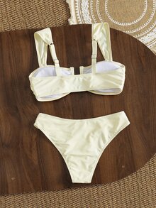 Swim Vcay Women's Summer Soft Yellow Bikini Set, U-Neck Wide Strap High Waist Ruched Two Pieces Fashionable Slimming Beach Vacation Pure Style Swimwear - Pale Yellow - View 3