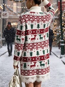 Breezaya 2026 Autumn/Winter Christmas Lace Trim Patchwork H-Line Knit Women's Sweater Dress Christmas Tree & Reindeer - Multicolor - View 2