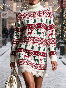 Breezaya 2026 Autumn/Winter Christmas Lace Trim Patchwork H-Line Knit Women's Sweater Dress Christmas Tree & Reindeer - Multicolor - View 4
