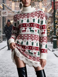 Breezaya 2026 Autumn/Winter Christmas Lace Trim Patchwork H-Line Knit Women's Sweater Dress Christmas Tree & Reindeer - Multicolor - View 3