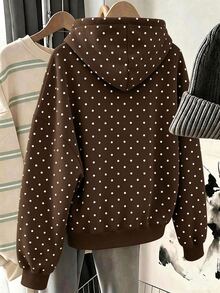 Dekonique Dekonique Women's Polka Dot Casual Daily Wear Hooded Long Sleeve Sweatshirt - Brown - View 2