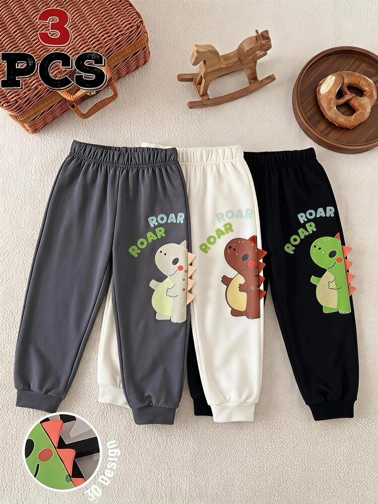 Genkimix Kids Boys' Autumn/Winter 3 Pieces Set Dinosaur Print Jogger Pants With 3D Dinosaur Decor, Casual Loose Fit Versatile Sweatpants - Multicolor - View 1