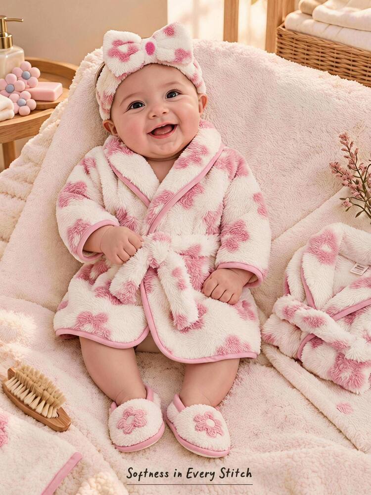 Cozy Pixies Newborn Baby Casual Daily Comfortable Long Sleeve Pink Floral Pattern Plush Morning Robe Wear Autumn Winter - Pink - View 1