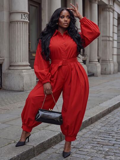 Slaydiva Autumn/Winter New Modern Commute Elegant Office Work Daily Commute Party Date Bestie Outing Afternoon Tea Item Loose Solid Red Shirt Collar Button Front Waist Belt Lantern Long Sleeve Woven Fabric Women Plus Size Long Jumpsuit-A
