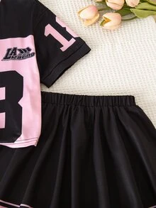 SHEIN 2pcs/Set Young Girl Letter Number Pattern V-Neck Loose Casual T-Shirt And Mini Skirt Outfit Back-To-School Career Day Light Pink Summer - Black - View 3