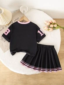 SHEIN 2pcs/Set Young Girl Letter Number Pattern V-Neck Loose Casual T-Shirt And Mini Skirt Outfit Back-To-School Career Day Light Pink Summer - Black - View 4