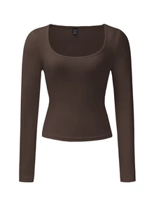 Zavorell Women's Solid Color Square Neck Pleated Casual Long Sleeve T-Shirt Fall Cloth For Women - Brown - View 6