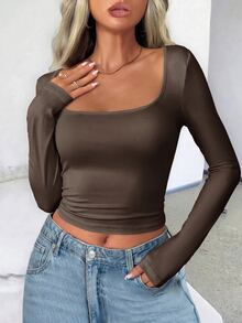 Zavorell Women's Solid Color Square Neck Pleated Casual Long Sleeve T-Shirt Fall Cloth For Women - Brown - View 5