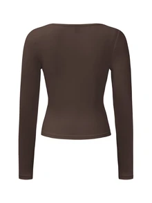 Zavorell Women's Solid Color Square Neck Pleated Casual Long Sleeve T-Shirt Fall Cloth For Women - Brown - View 7