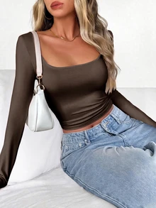 Zavorell Women's Solid Color Square Neck Pleated Casual Long Sleeve T-Shirt Fall Cloth For Women - Brown - View 4