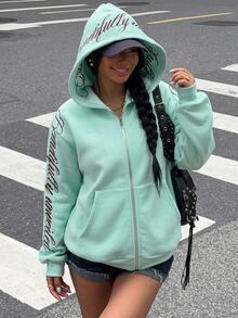 Muchica 字母圖案拉鍊落肩連帽衛衣 - 水鴨藍 - 查看 4
