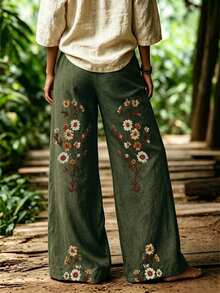 Selamara 波希米亞 Boho 風格綠色花卉雛菊仿刺繡長褲，秋季復古田園高腰鬆緊腰寬鬆垂墜寬腿褲，野餐穿搭 - 彩色 - 查看 2