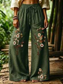 Selamara 波希米亞 Boho 風格綠色花卉雛菊仿刺繡長褲，秋季復古田園高腰鬆緊腰寬鬆垂墜寬腿褲，野餐穿搭 - 彩色 - 查看 5