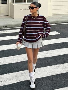 Muchica Avslappnad retro-stil blå & lila randig mini-hästlogotyptryck rund halsringning långärmad lös t-shirt, lämplig för sommaren - Multifärgad - Visa 6