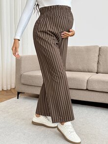 SHEIN 孕婦條紋休閒日常穿著長褲 秋季 - 棕色 - 查看 3