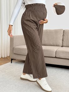 SHEIN 孕婦條紋休閒日常穿著長褲 秋季 - 棕色 - 查看 10