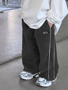 Kids Tween Boy Straight Leg Pants, Sports Casual Preppy Style, Versatile Fashionable Minimalist Practical Soft Comfortable With Decorative Drawstring And Waist Cord, Suitable For Daily Wear, School, Outings, Sports, Spring Summer Autumn Winter - Dark Grey - View 1