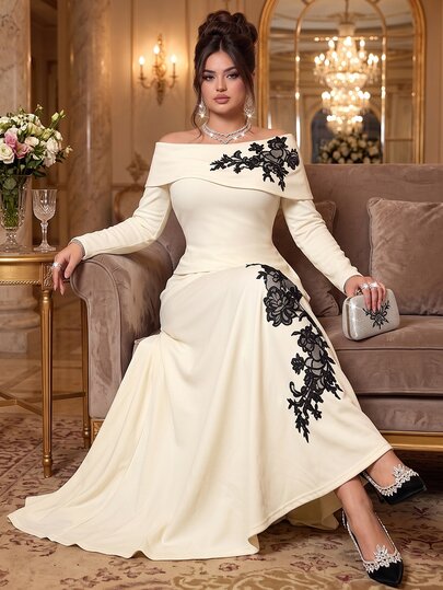 Roveilla Plus Size Autumn/Winter Elegant Gentle Floral Embroidery Knit 2 Pieces Set Off-Shoulder Slim Fit Long Sleeve Asymmetrical Hem Top + Long A-Line Skirt
