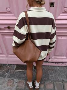 SuriyaCove Classic Grey Leopard Print Half‑Placket Sweatshirt For Women, Brown Tone, Autumn Casual Streetwear S - Multicolor - View 2