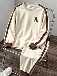 SHEIN 2pcs Kids Tween Boys Casual Sports Webbing Crew Neck Sweatshirt & Sweatpants Set, Suitable For Fall/Winter, School, Family Gathering, Back To School, FallOutfit, WinterOutfit - Apricot - View 3