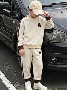 SHEIN 2pcs Kids Tween Boys Casual Sports Webbing Crew Neck Sweatshirt & Sweatpants Set, Suitable For Fall/Winter, School, Family Gathering, Back To School, FallOutfit, WinterOutfit - Apricot - View 2