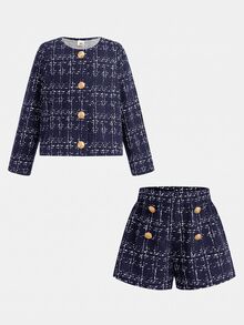 SHEIN 女童格紋長袖夾克與短褲套裝 - 藍色 - 查看 9