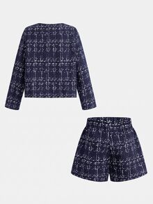 SHEIN 女童格紋長袖夾克與短褲套裝 - 藍色 - 查看 2