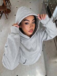 SHEIN Teen Girls Leopard Print English Letter Hooded Loose Casual Autumn Sweatshirt - Grey - View 6