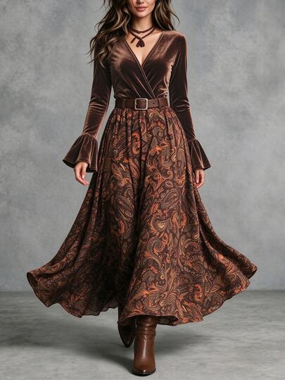 SHEIN Vestido bohemio vintage para mujer con estampado paisley, patchwork de terciopelo, escote cruzado, cintura ceñida, falda acampanada y manga larga