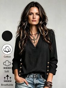 LUMIGAL Women's Dark Brown V-Neck Side Wooden Button Long Sleeve Shirt - Black - View 3