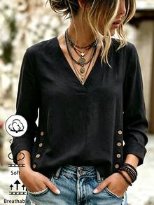 LUMIGAL Women's Dark Brown V-Neck Side Wooden Button Long Sleeve Shirt - Black - View 4