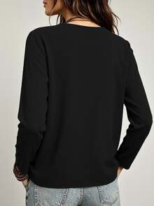 LUMIGAL Women's Dark Brown V-Neck Side Wooden Button Long Sleeve Shirt - Black - View 2