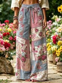 Selamara Bohemian Vacation Style Khaki Textured Casual Long Pants, Loose High Waist Elastic Waist Drawstring Drape Straight Leg Pants, Beach Casual Vacation Travel Wide Leg Pants - Multicolor - View 3