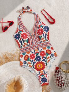 Swim Vcay New Arrival Women's Digital Floral Print One-Piece Halter Swimsuit - Multicolor - View 5
