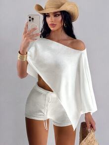 SHEIN Swim 2026 New Cross-Border 2pcs Set: Solid Color Top And Shorts, Elegant Vacation Style Women Swimsuit - White - View 4
