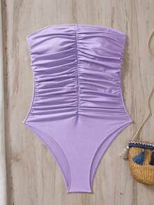 Swim Chiccia Women's Solid Color Bandeau Ruched One-Piece Swimsuit, Beach Party Vacation Summer Outfit Lavender Sexy Tropical - Mauve Purple - View 6