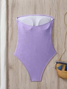 Swim Chiccia Women's Solid Color Bandeau Ruched One-Piece Swimsuit, Beach Party Vacation Summer Outfit Lavender Sexy Tropical - Mauve Purple - View 7