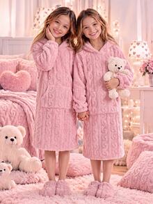 SHEIN Tween女孩軟心刺繡純色粉色，適合青少年女孩，秋冬季Tween女孩 - 淺粉色 - 查看 5